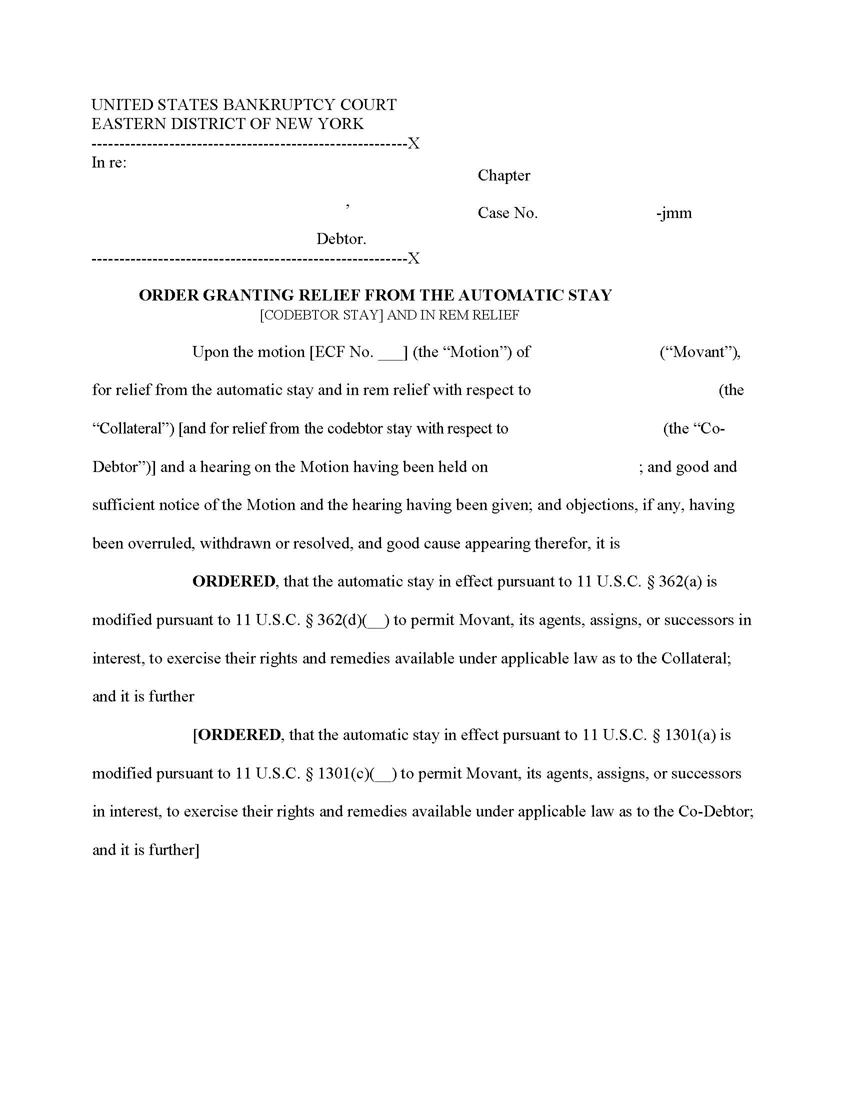 Order Granting Relief From Automatic Stay (And Co-Debtor Stay) And In Rem Relief (Judge Mazer-Marino) [Sample-Form] | Pdf Fpdf Docx | New York